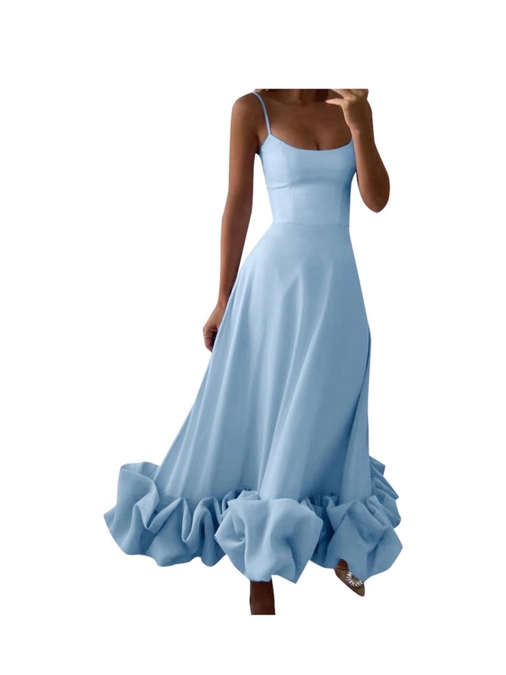 Light Blue Ruffle-Hem Spaghetti Strap Maxi Dress